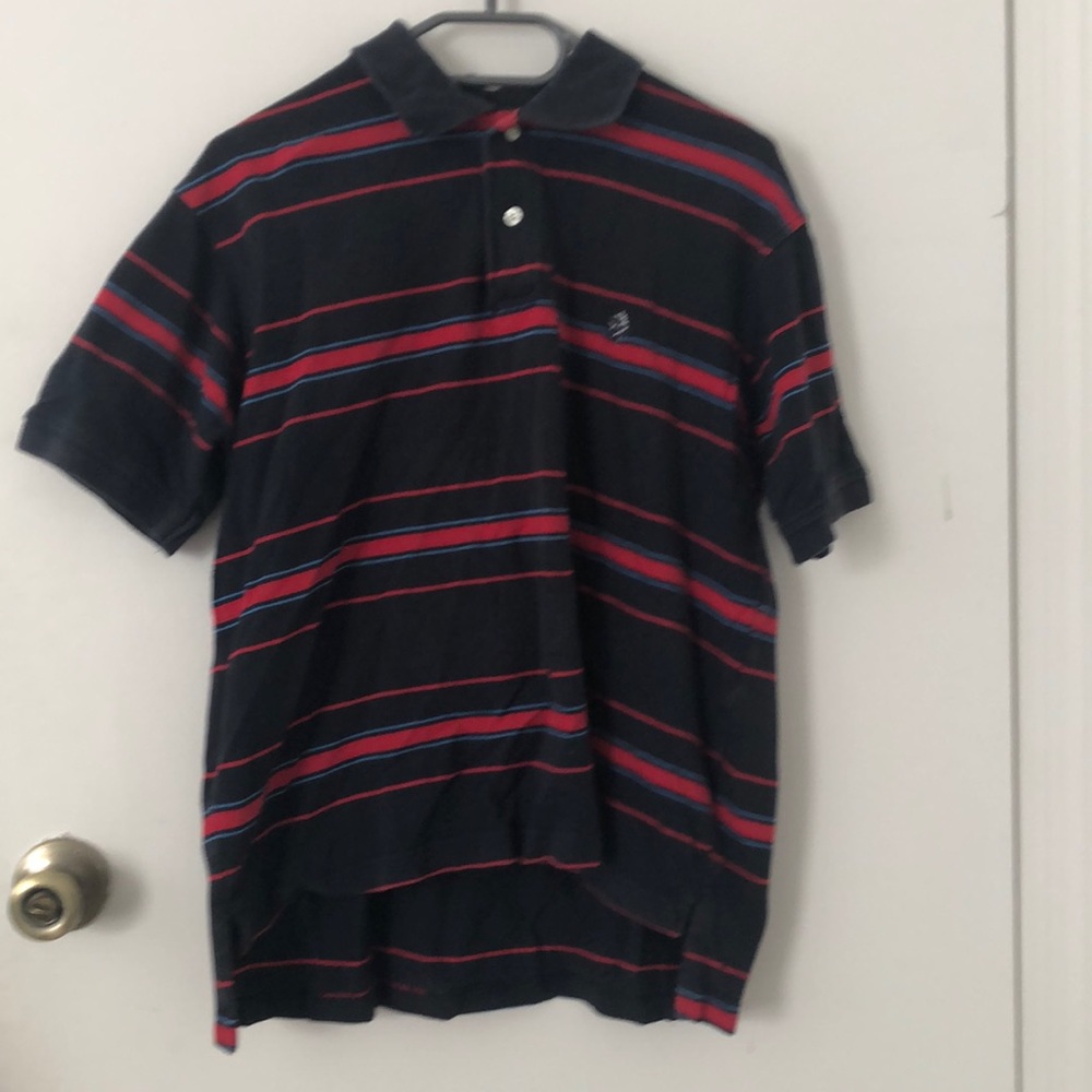 black collared polo shirt, red and blue stripes